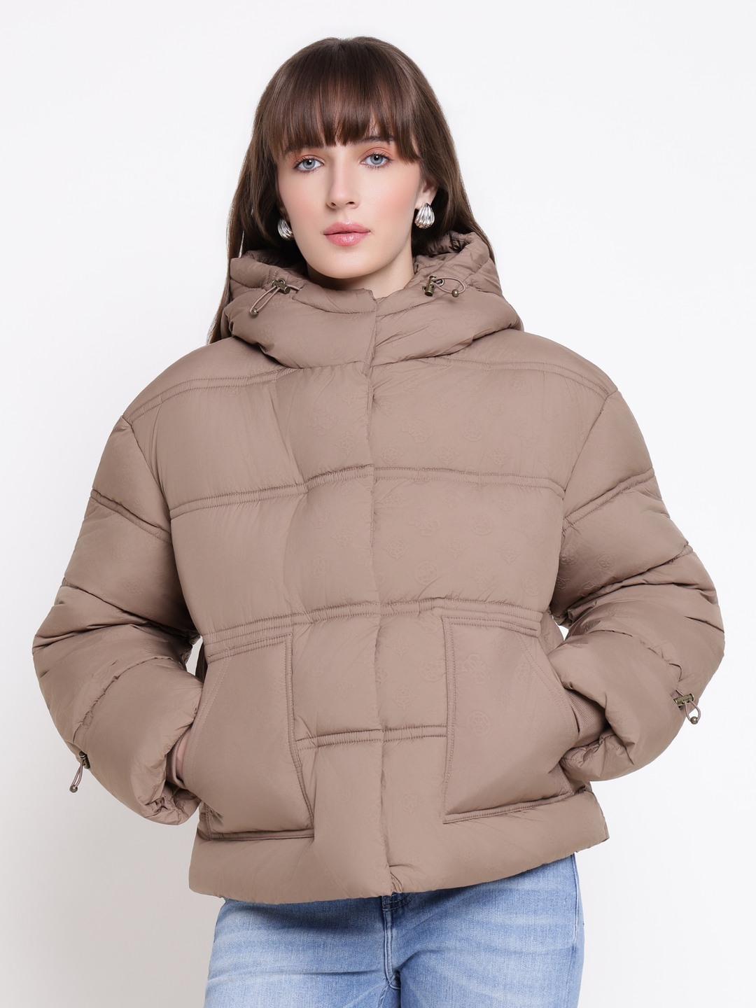 Guess Women Daisy Peony Washed Taupe Multi Embossed Hooded Neck Regular Fit Puffer Jacket