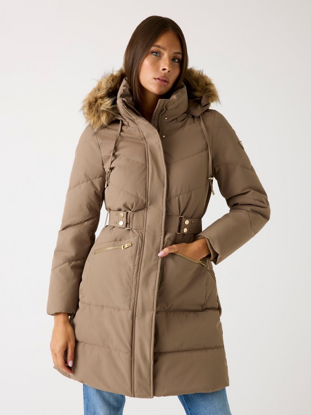 Guess Women Fatema Taupe Solid Hooded Neck Woven Regular Fit Jacket