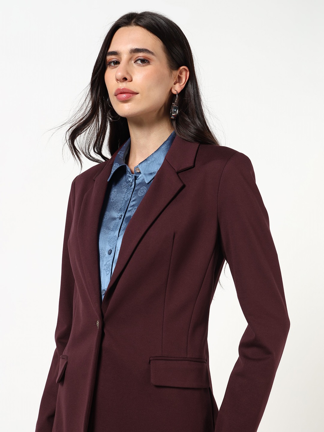 Guess Women Solid Notch Lapel Collar Long Sleeves Single Breasted Blazer