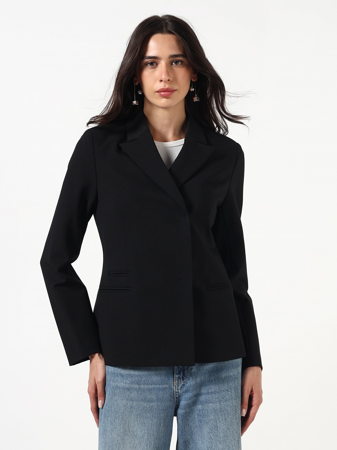 Guess Women Solid Peak Lapel Collar Long Sleeves Single Breasted Blazer