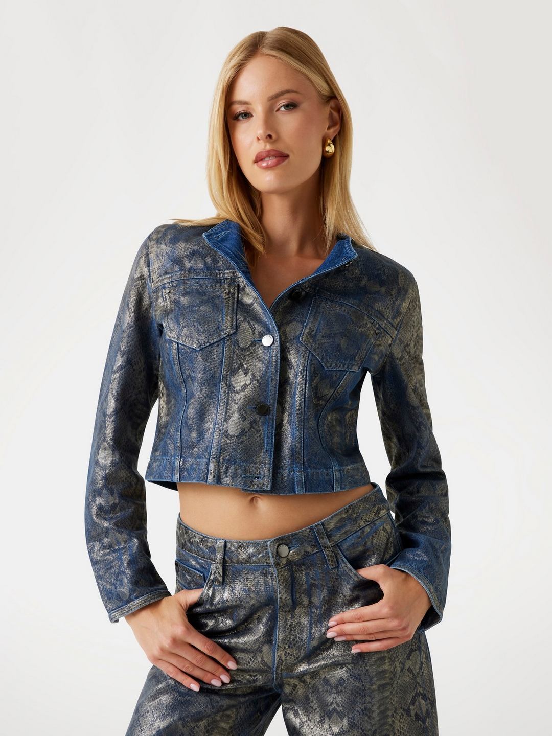 Guess Women Snake Print Collarless Long Sleeves Denim Jacket