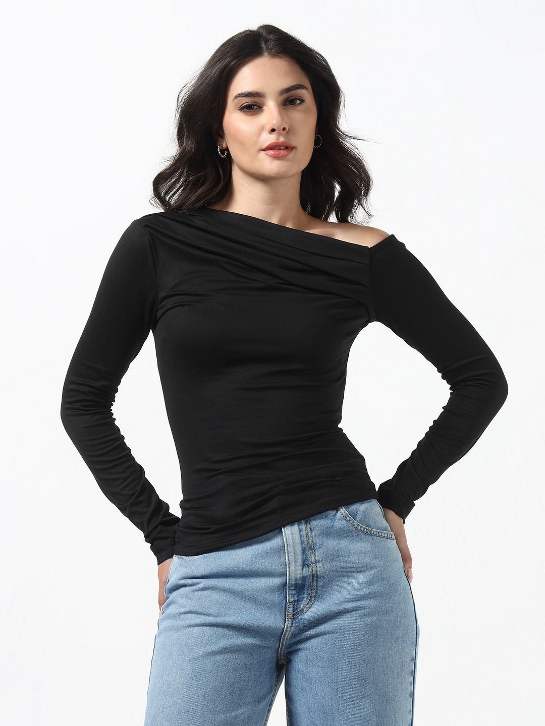 Guess Women Anita Jet Black Solid One Shoulder Full Sleeves Knit Top