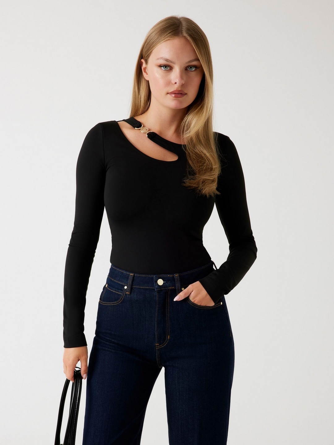 Guess Women Solid Asymmetric Neck Long Sleeves Top