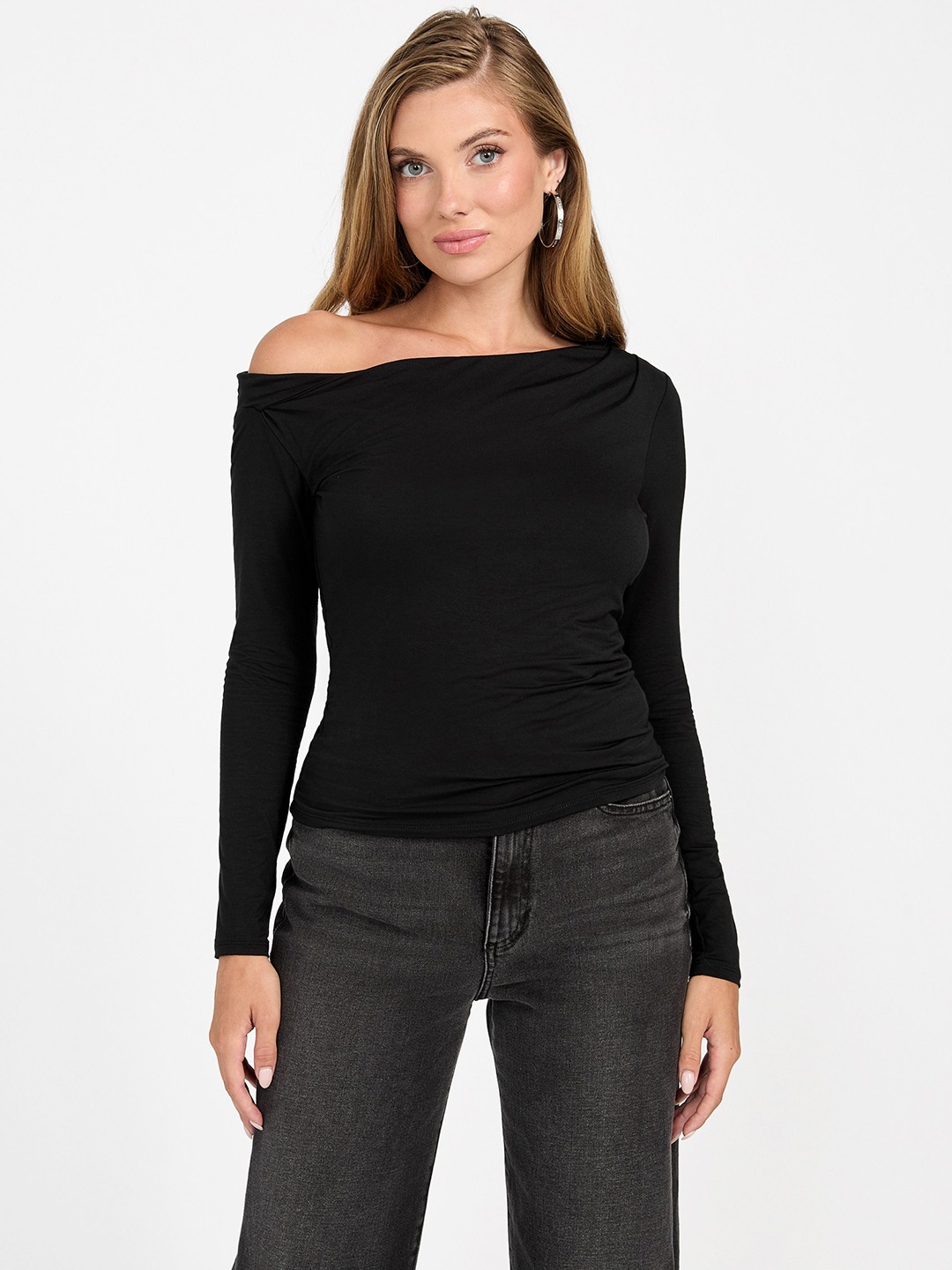 Guess Women's Jet Black Solid Asymmetrical Full Sleeve Julianna Top