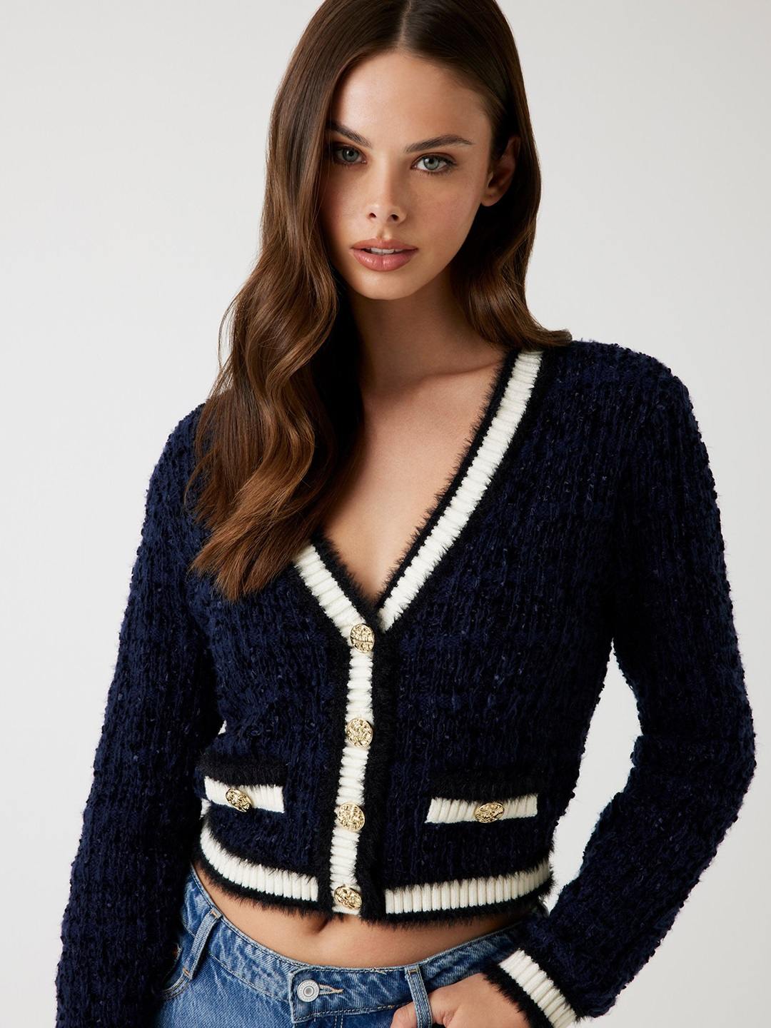 Guess Women's Suiting Blue Multi Ribbed Knit V-Neck Full Sleeve Aomori Yarn Cardigan