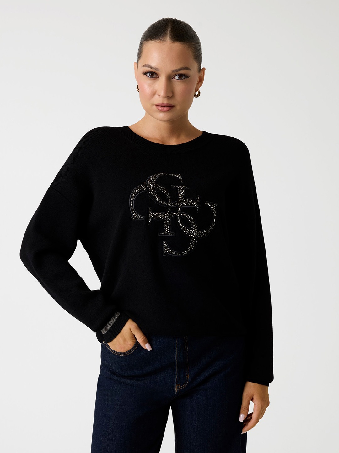 Guess Women's Jet Black Embellished Round Neck Full Sleeve Needle Sinth Sweater