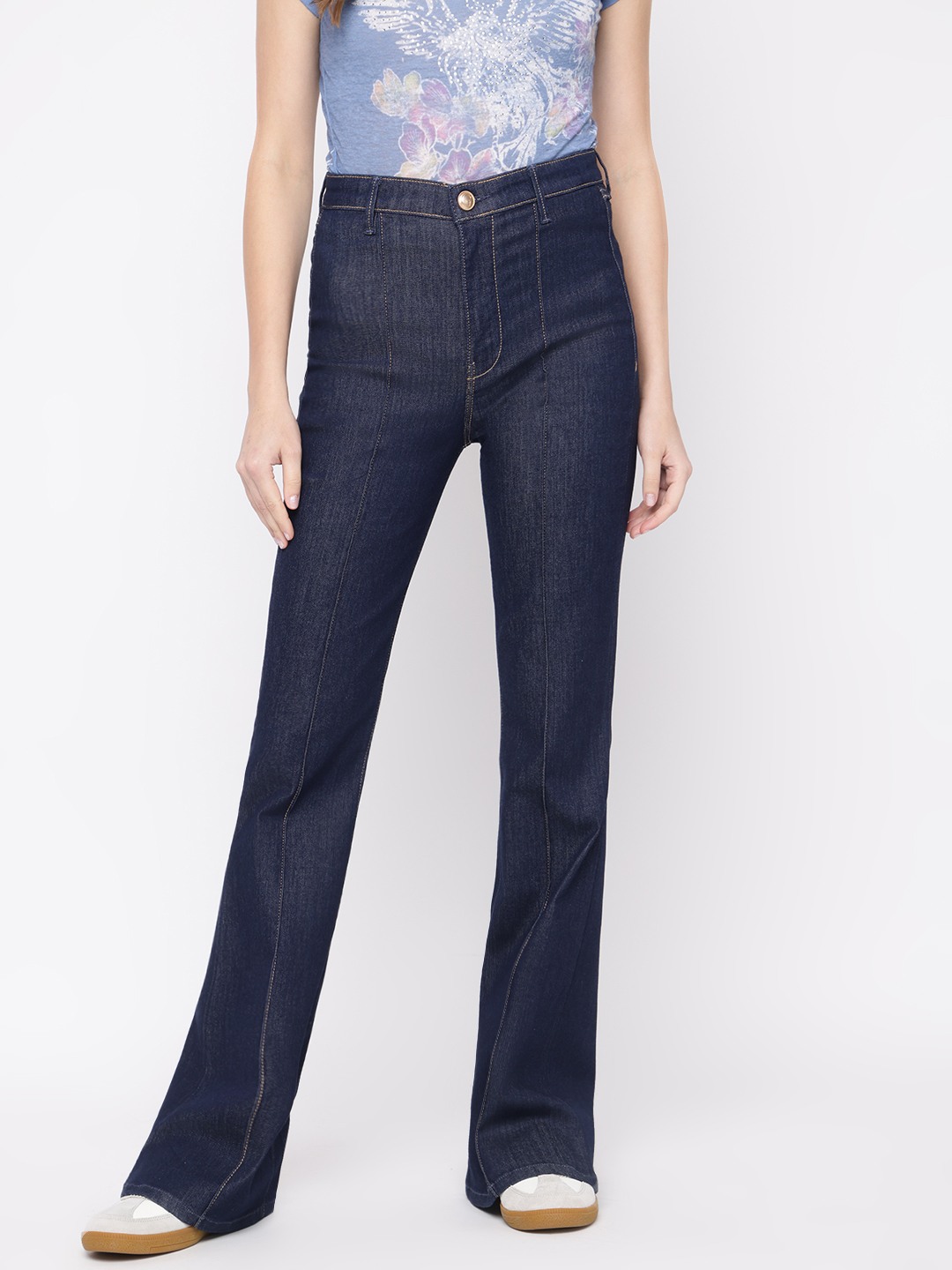 Guess Women's Blue Solid High-Rise Flare Fit Jeans