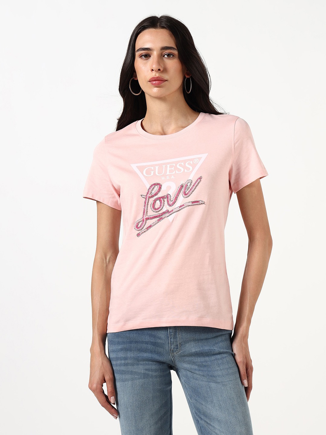 Guess Women Graphic Embellished Logo Round Neck Short Sleeves T-Shirt