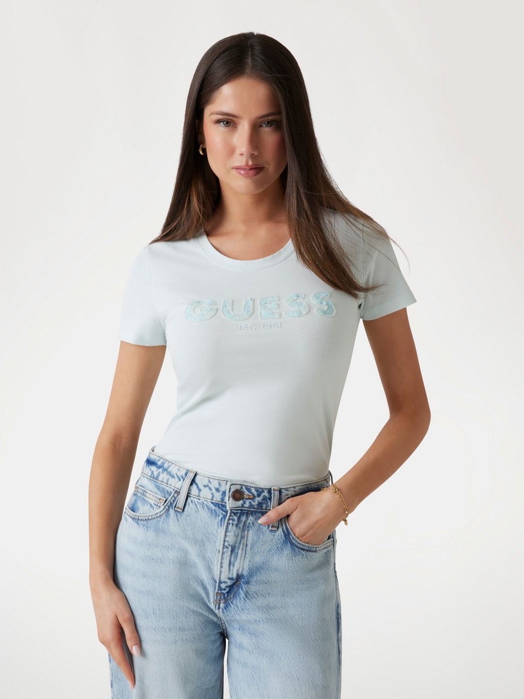 Women Light Blue Embellished Round Neck T-shirt