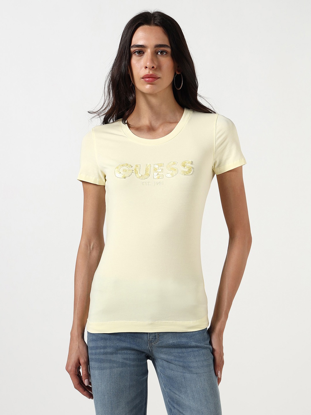 Guess Women Embellished Logo Round Neck Short Sleeves T-Shirt