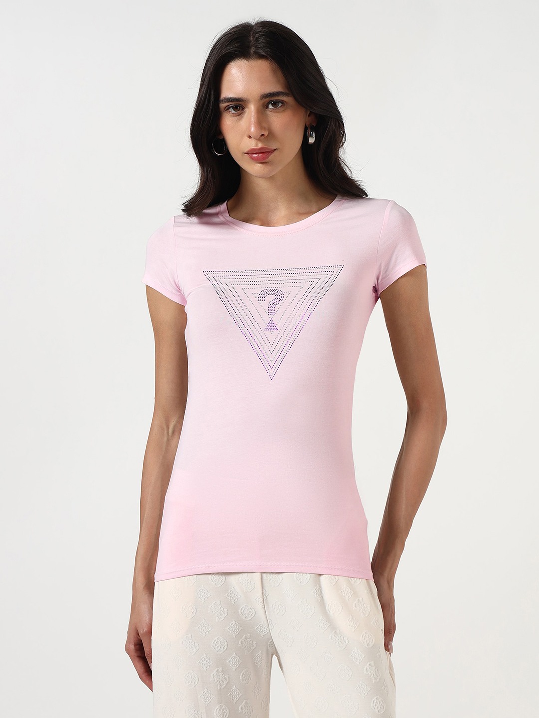 Guess Women Embellished Logo Round Neck Short Sleeves T-Shirt