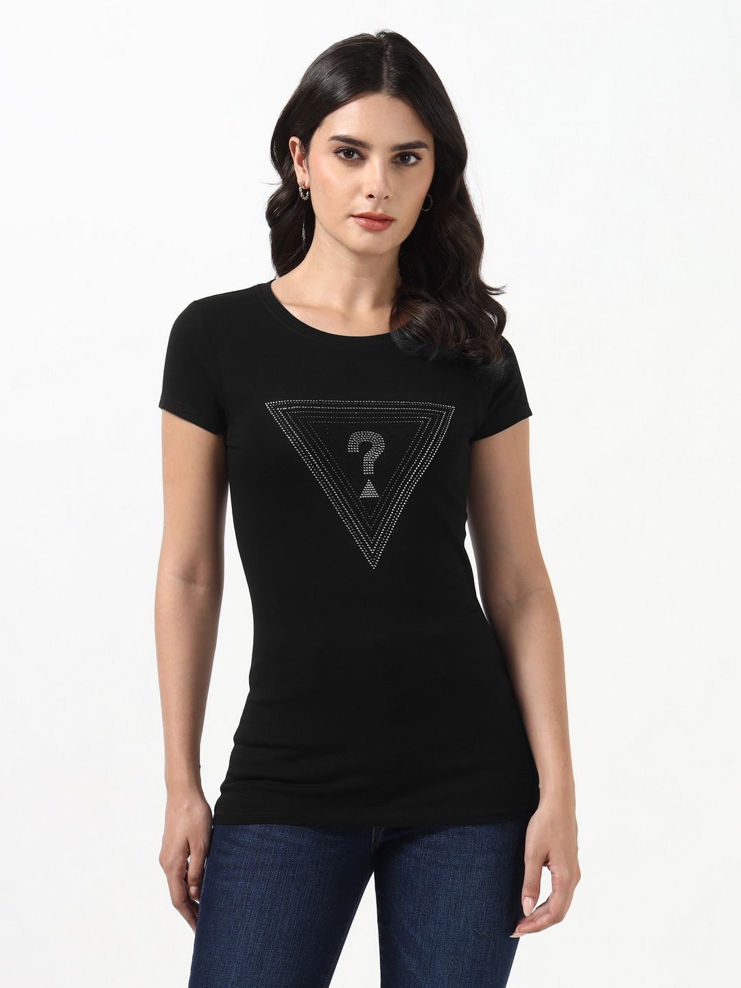 Guess Women Triangle Jet Black Embellished Round Neck Half Sleeves Knit T-Shirt