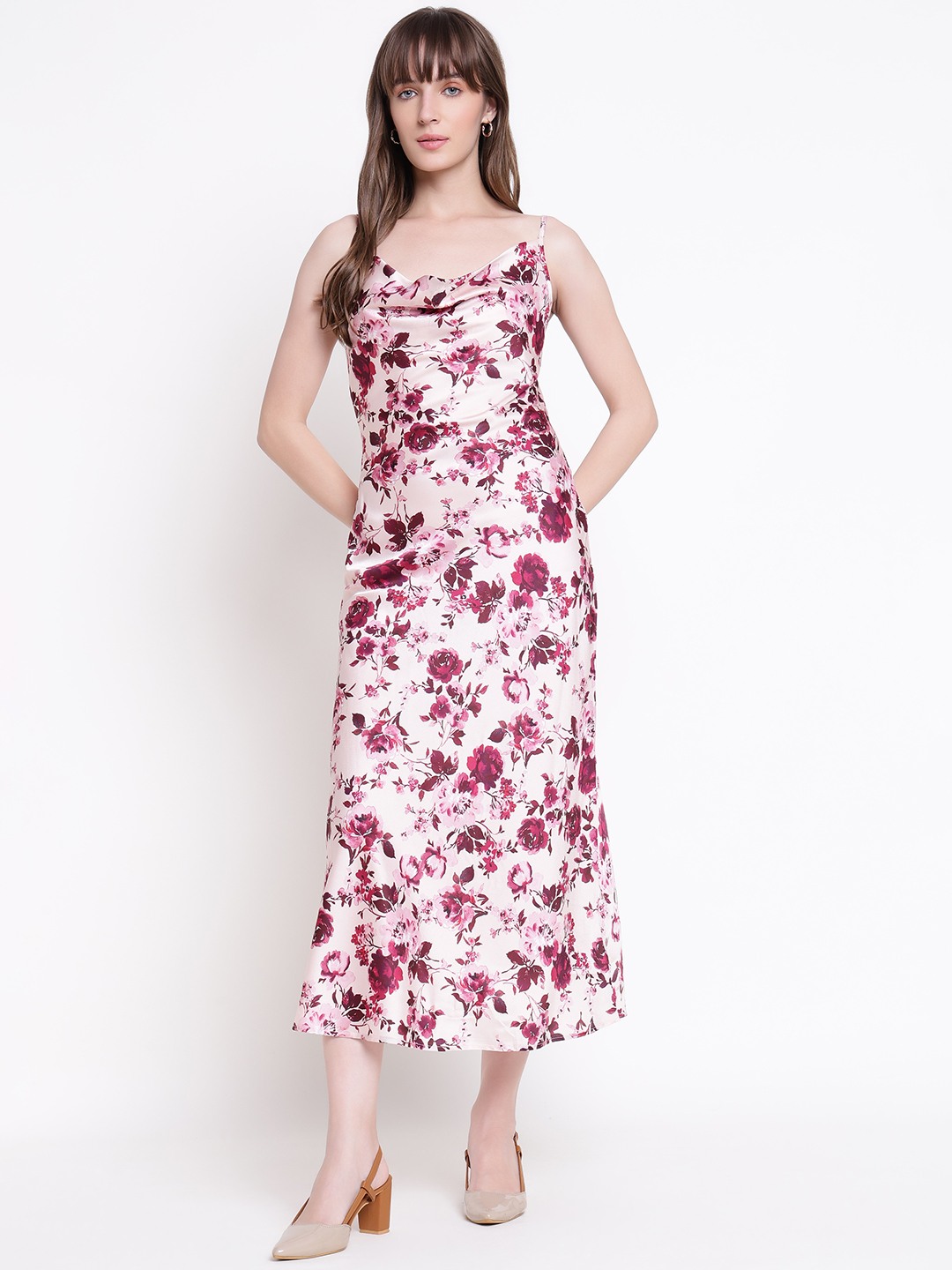 Guess Women Akilina Breezy Charm Blush Roses Floral Cowl Neck Regular Fit A-Line Dress