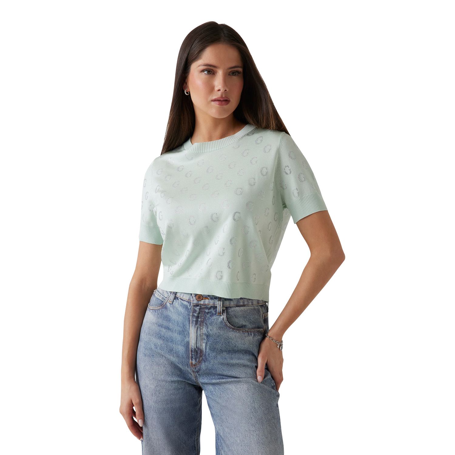 Guess Women Embellished Monogram Round Neck Short Sleeves Sweater