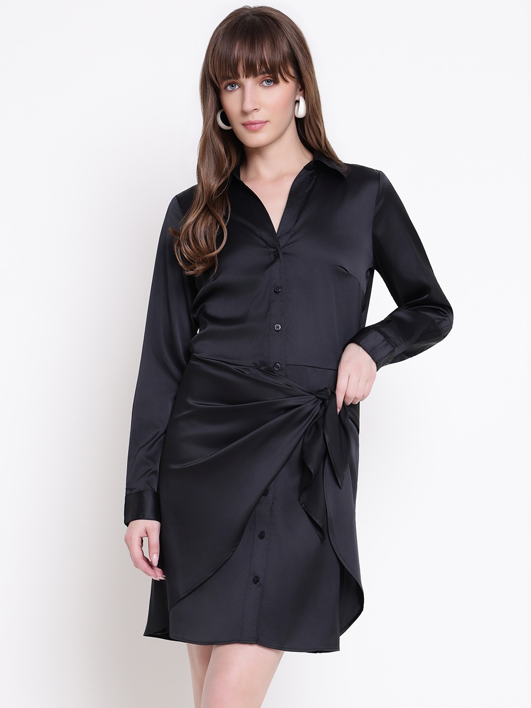 Guess Women Alya Jet Black Solid Spread Collar Regular Fit Shirt Dress