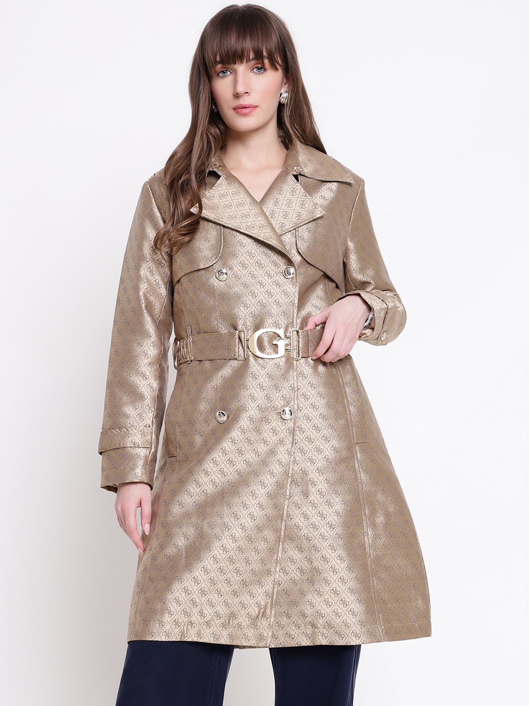 Guess Women Diletta Belted Coffee And Travertine Jacquard Lapel Collar Regular Fit Trench Coat