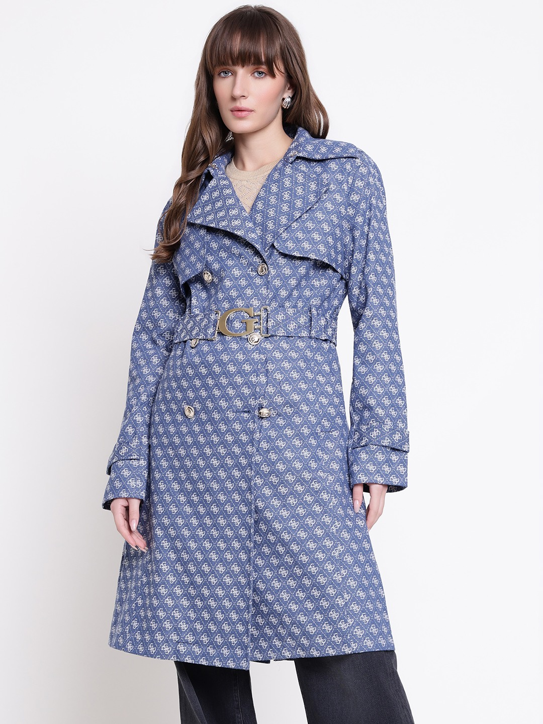 Guess Women Diletta Belted Blue Jacquard Lapel Collar Regular Fit Trench Coat