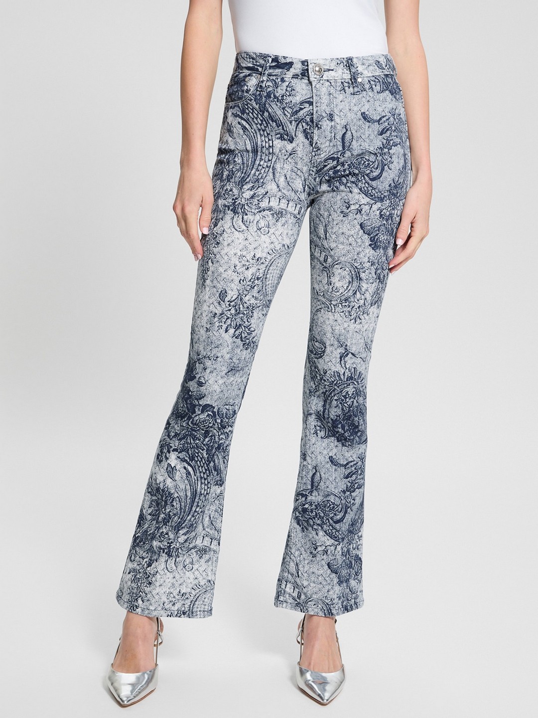 Guess Women's Blue Printed Mid-Rise Bootcut Leg Jeans