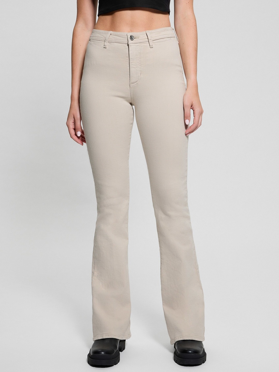 Guess Women's Beige Solid Mid-Rise bootcut Leg Trousers