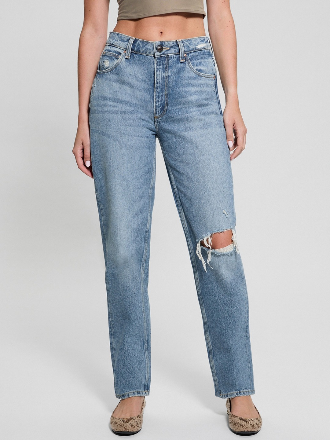 Blue Solid Mid-Rise Straight Leg Jeans