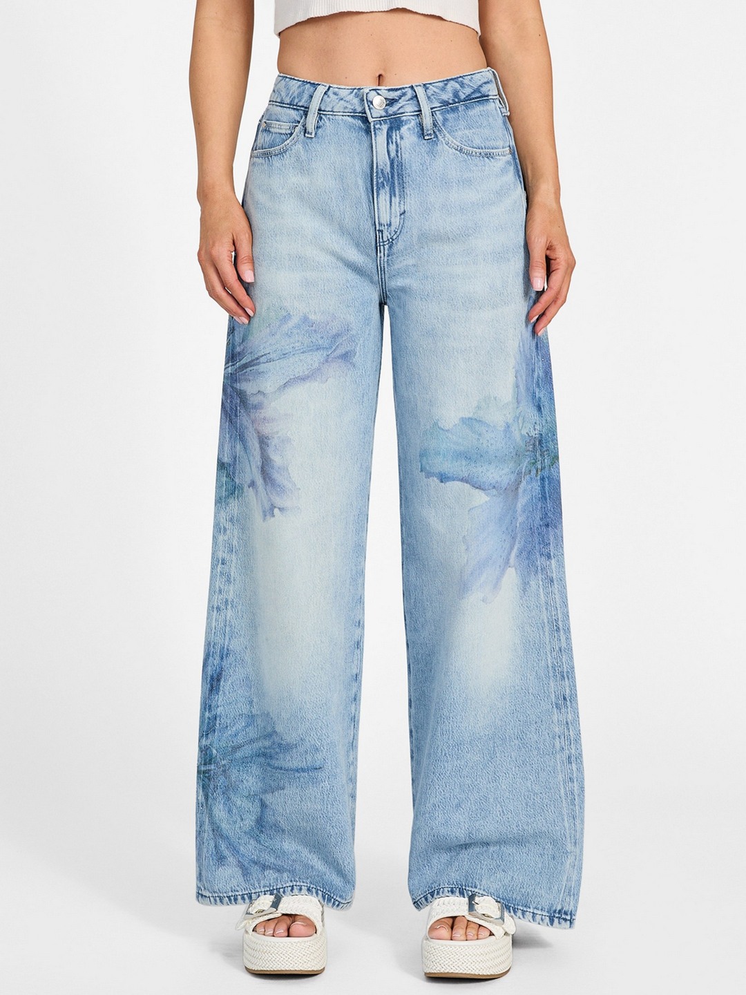 Guess Women's Blue Printed Mid-Rise Wide Leg Jeans