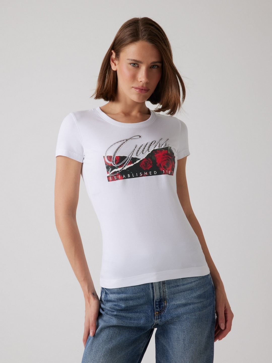 Guess Pure White Round Neck Printed T-Shirt