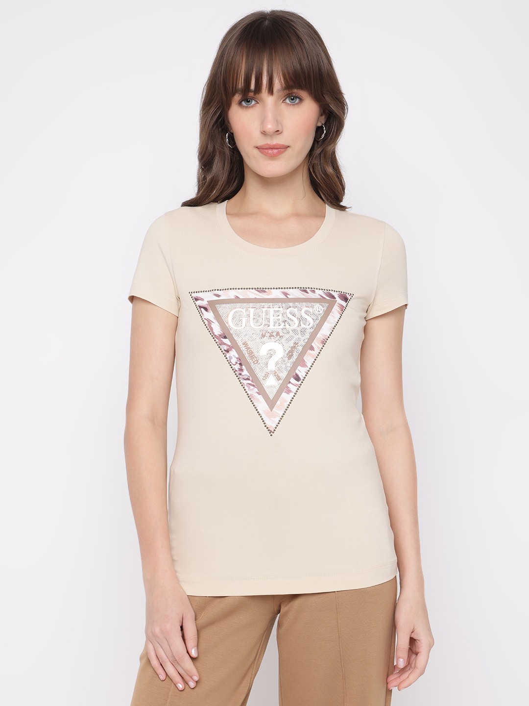 Guess Women's Beige Printed Crew Neck Short Sleeves T-Shirt