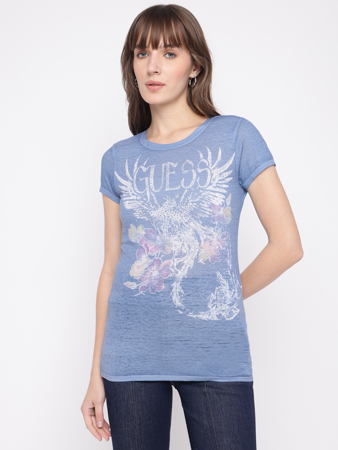 Guess Women's Blue Printed Crew Neck Short Sleeves T-Shirt