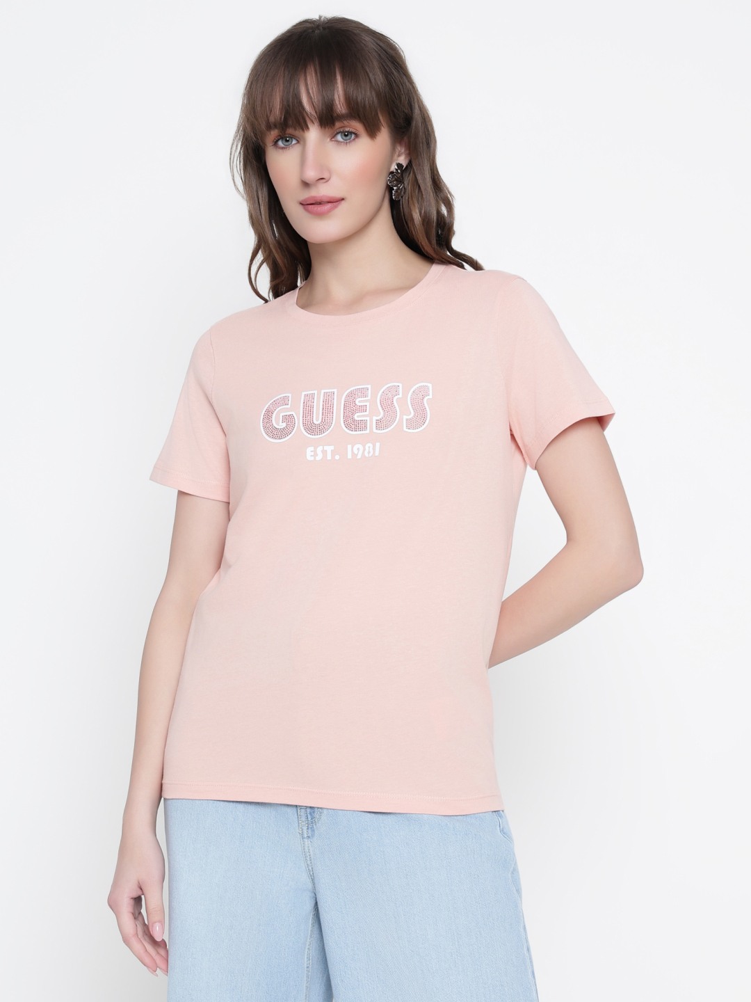 Women Pink Embellished Round Neck T-shirt