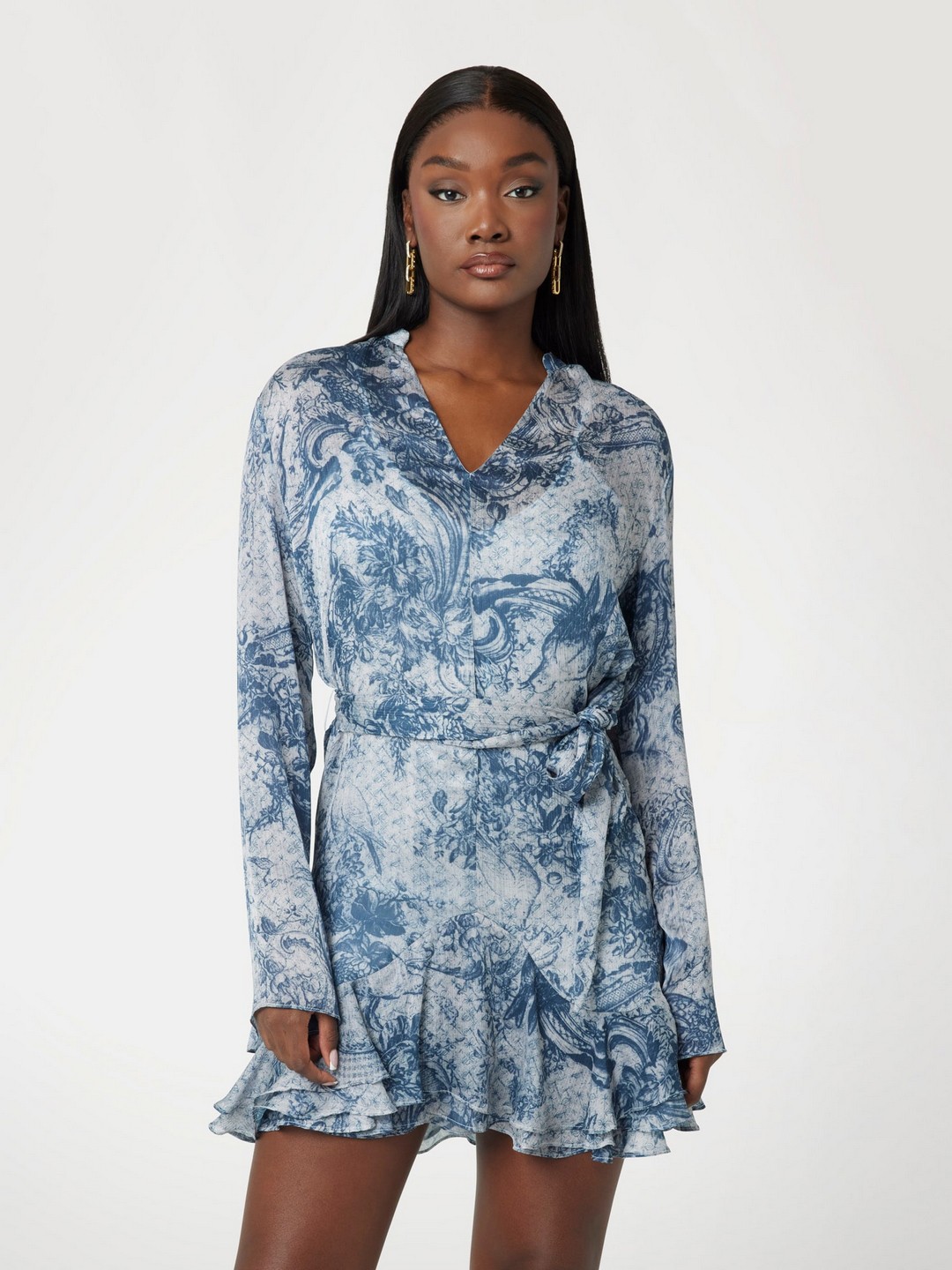 Indigo Toile De Jouy Tropical Regular Fit Sibilla Belt Tiered Dress
