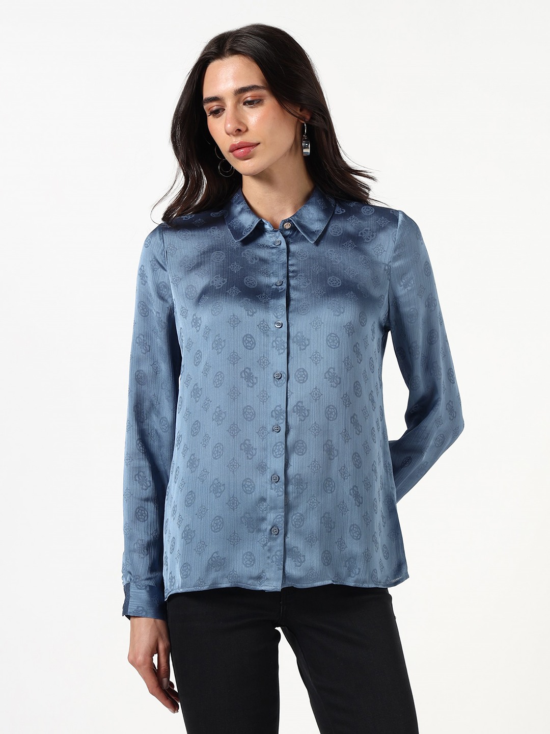 Guess Women Geometric Print Spread Collar Long Sleeves Shirt