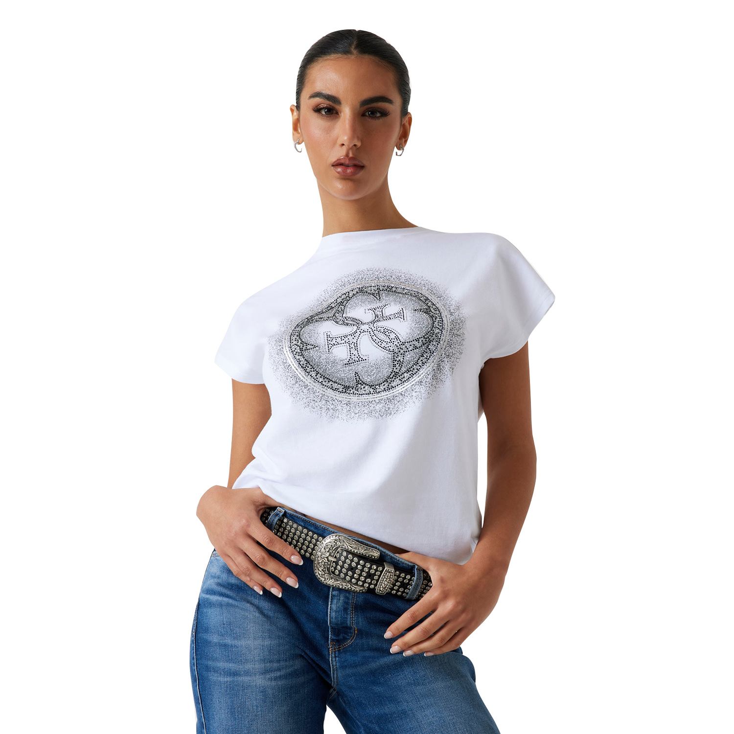 Guess Women Embellished Logo Round Neck Short Sleeves T-Shirt