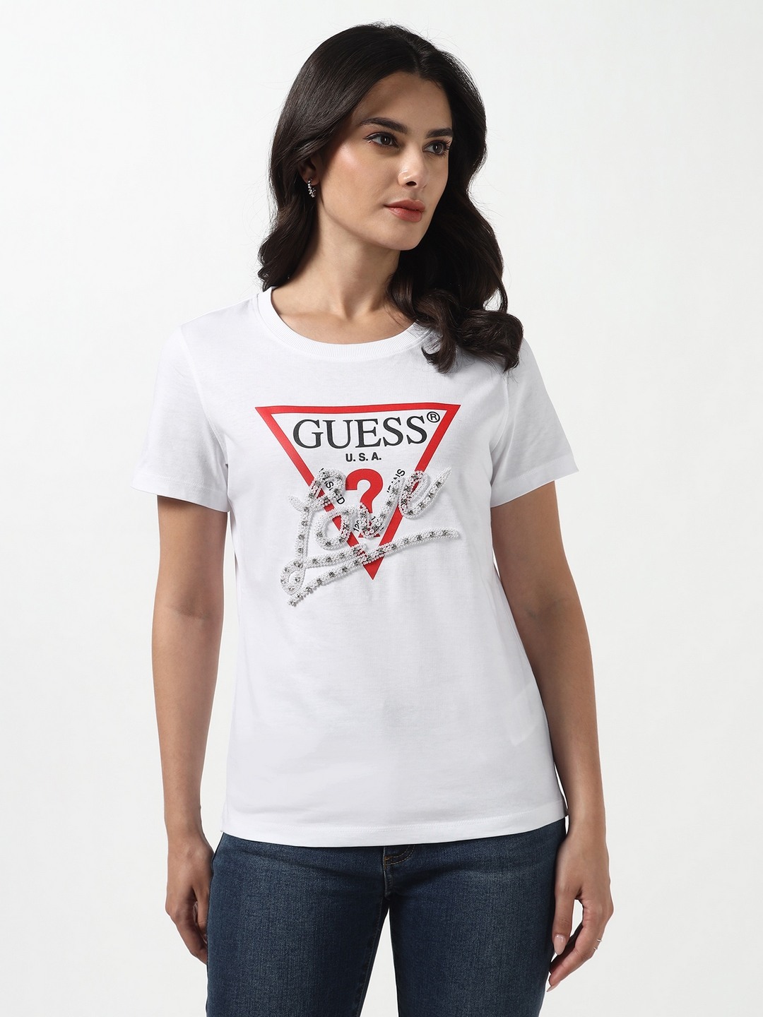 Guess Women Pearls Love Pure White Embellished Round Neck Half Sleeves Knit T-Shirt