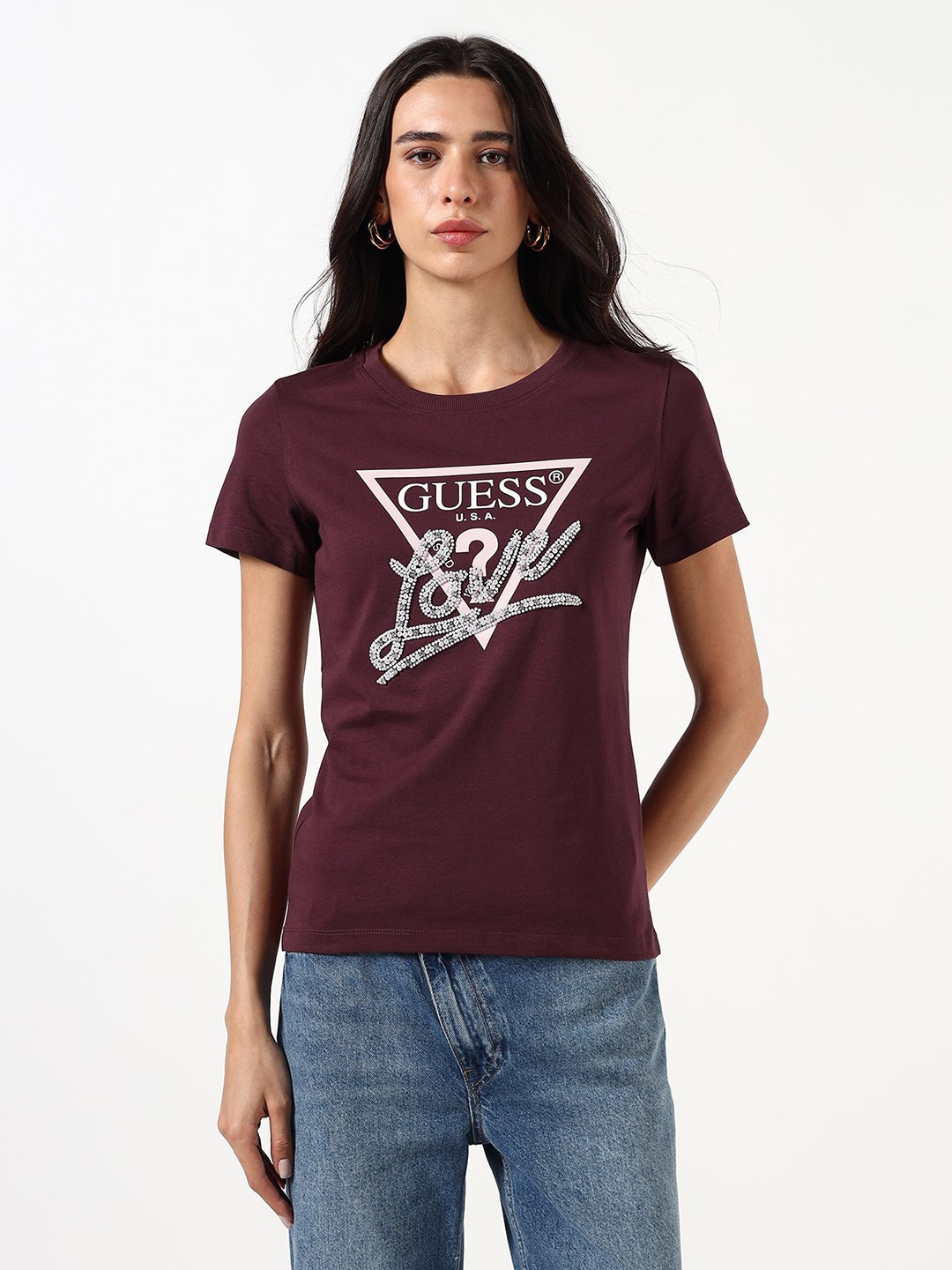 Guess Women Graphic Embellished Logo Round Neck Short Sleeves T-Shirt