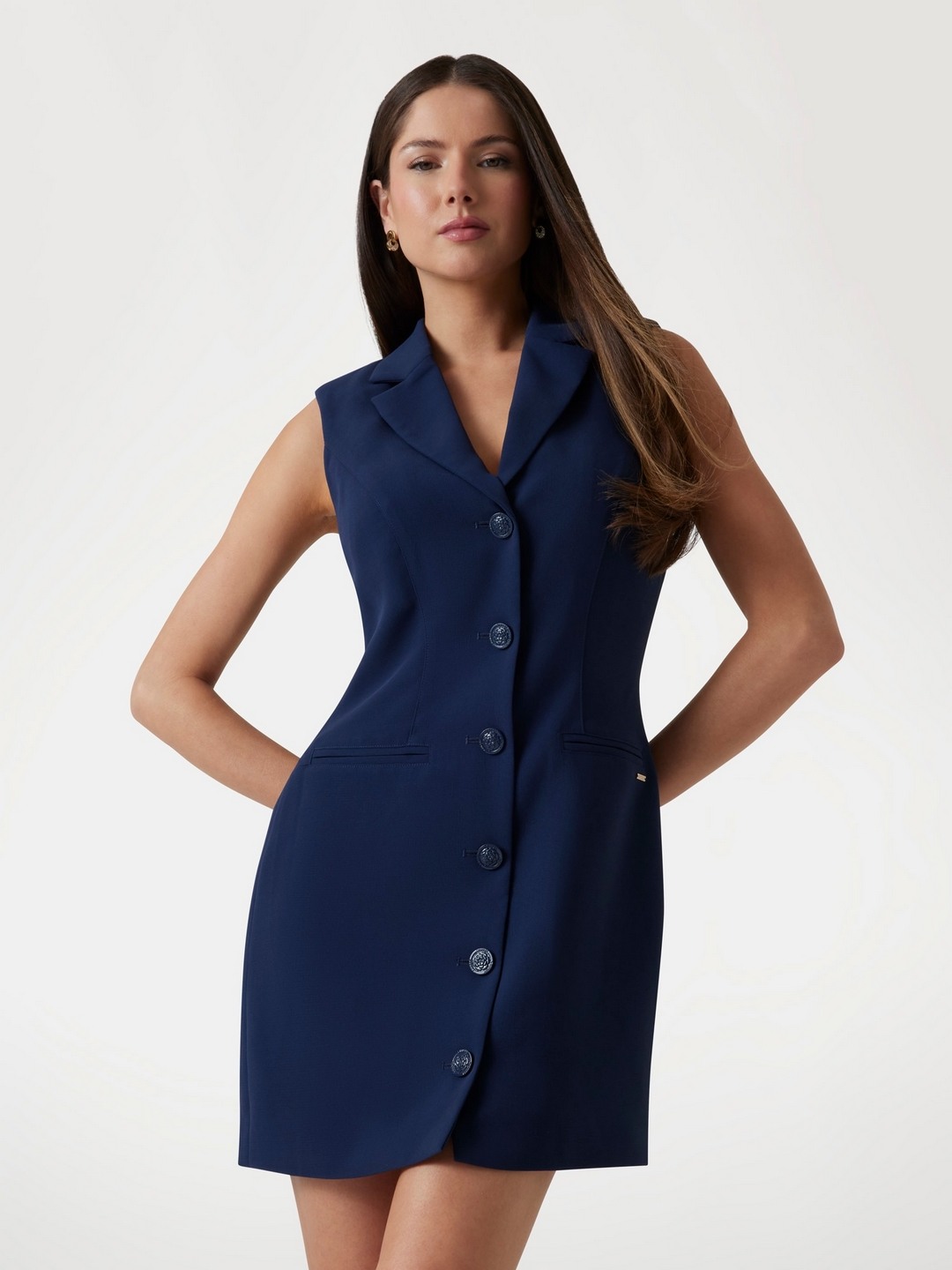 Guess Women Solid Notch Collar Sleeveless Bodycon Dress