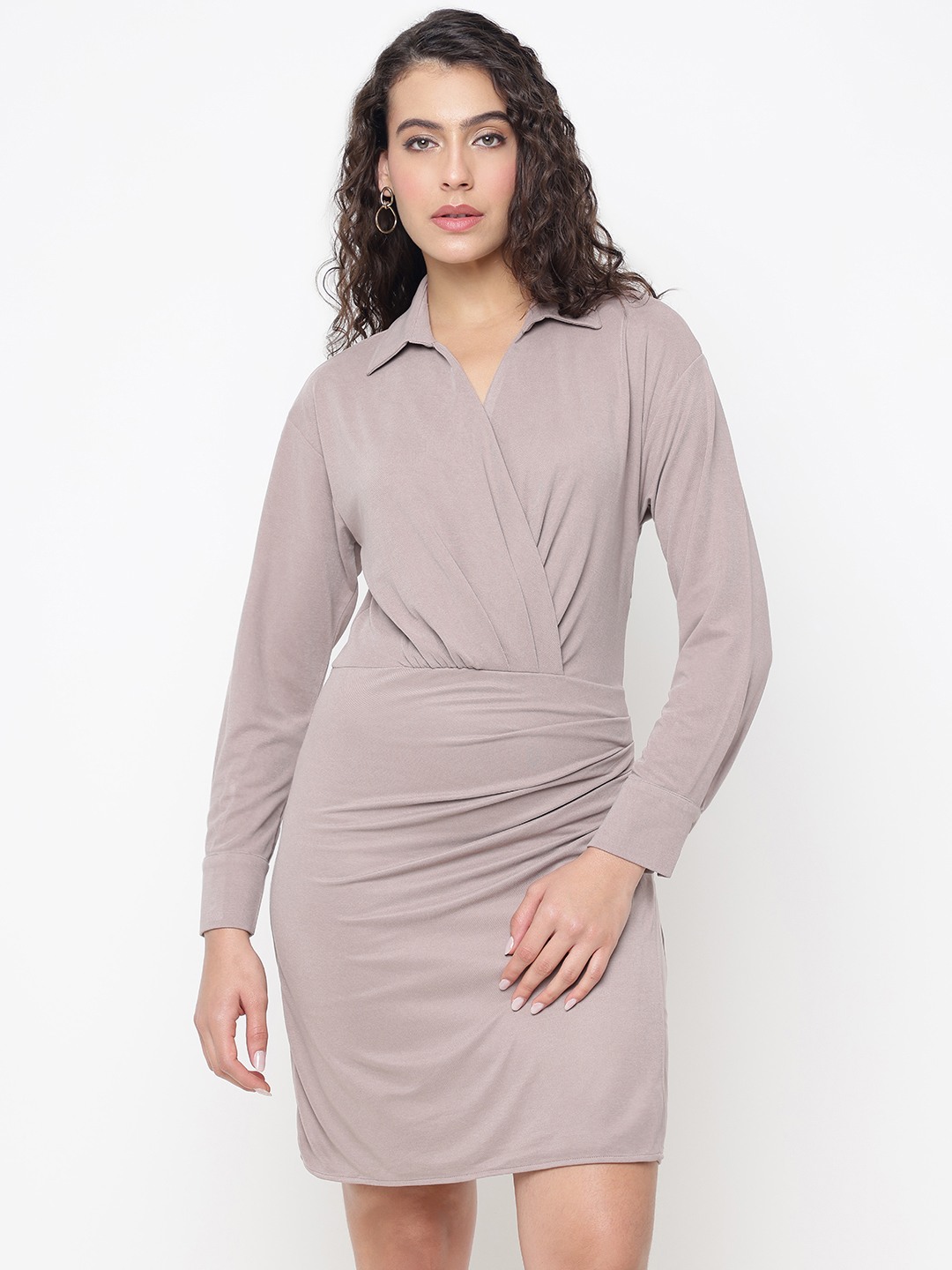 Rebecca Sandwashed Silk Taupe Solid Spread Collar Regular Fit Wrap Mini Dress