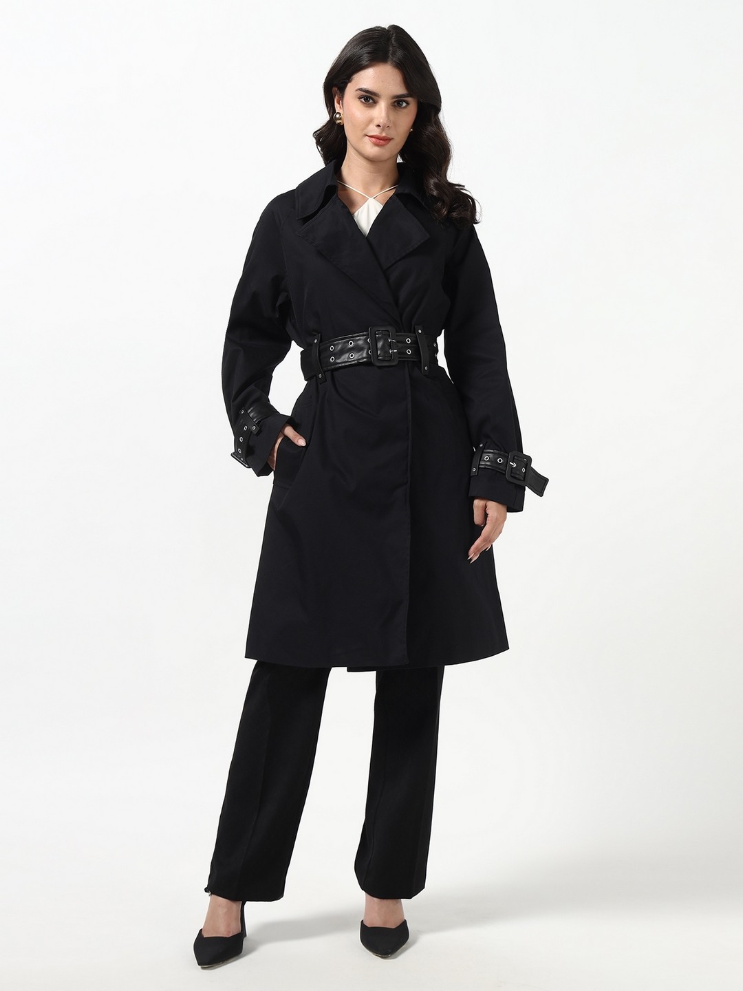 Guess Women Raphaelle Jet Black Solid Notched Lapel Full Sleeves Woven Trench Coat