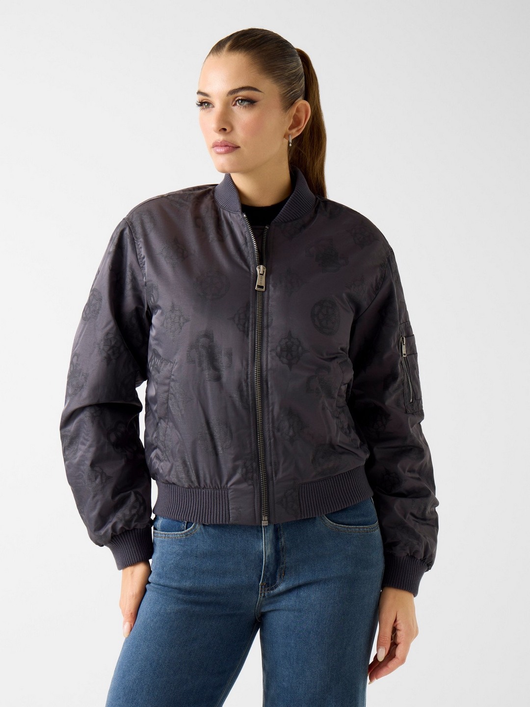 Charcoal Printed Band Collar Jacket