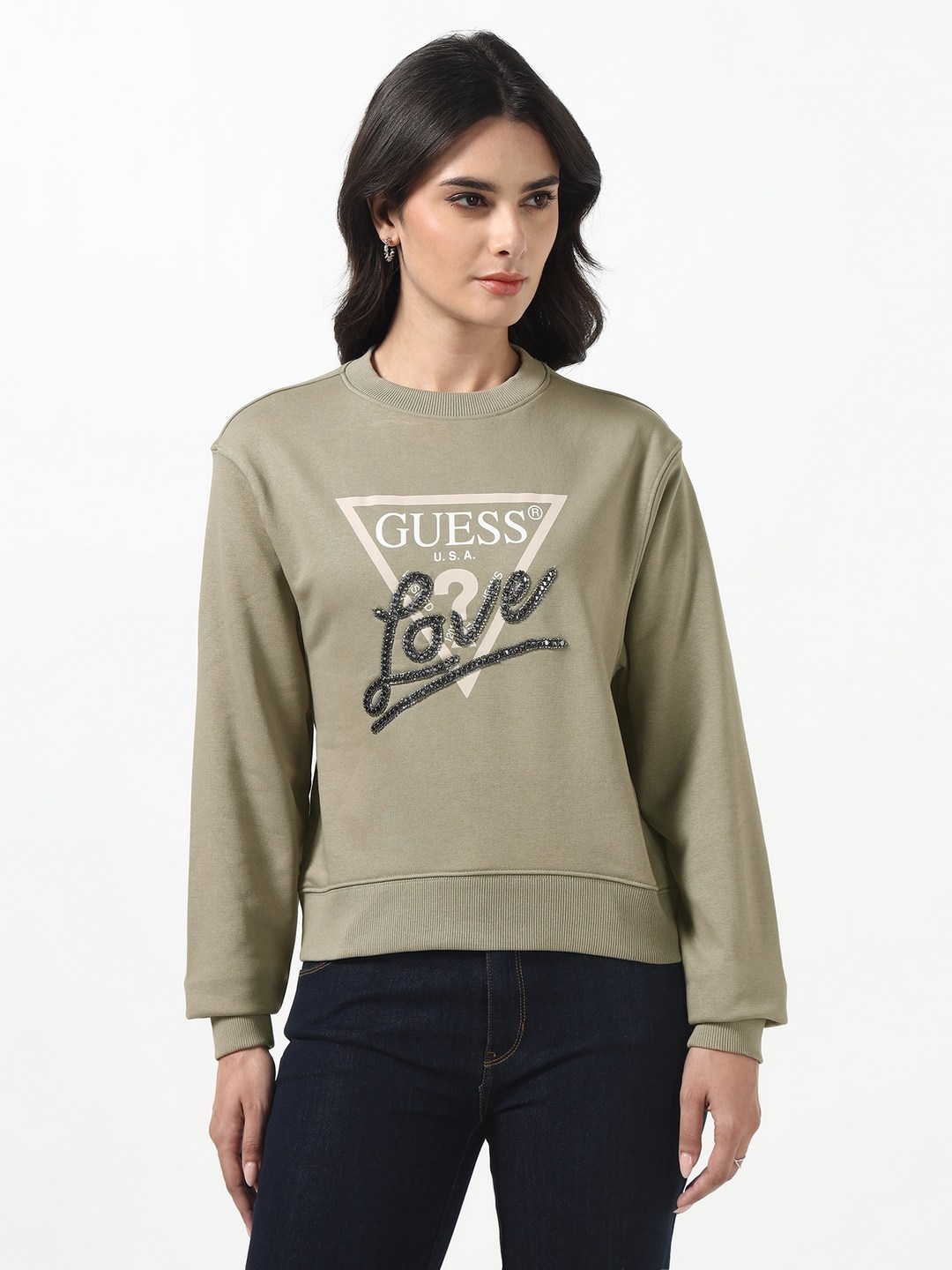 Guess Women Studded Love Sage Leaf Embellished Round Neck Full Sleeves Knit Sweatshirt