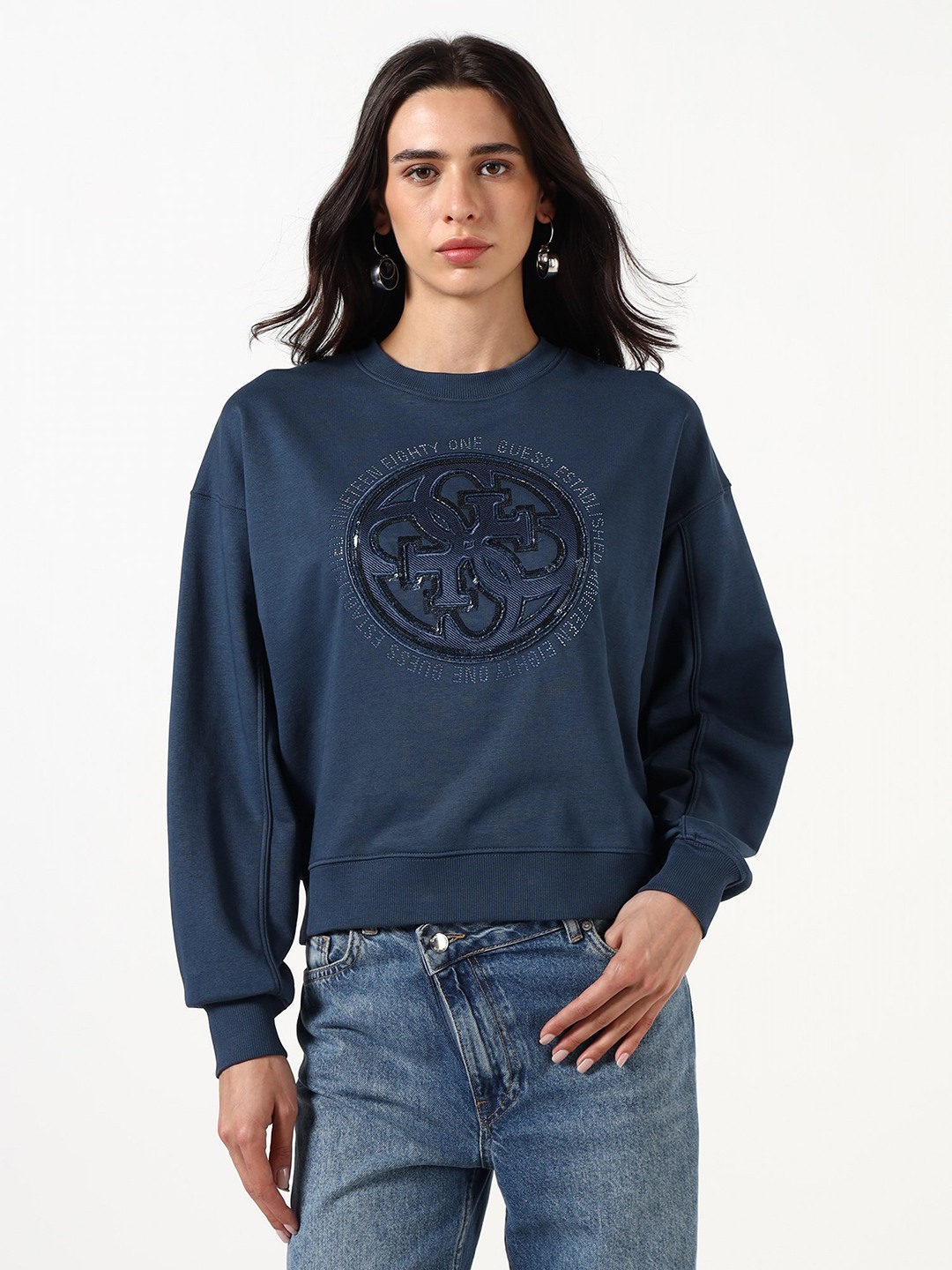 Guess Women Embellished Logo Round Neck Long Sleeves Sweatshirt