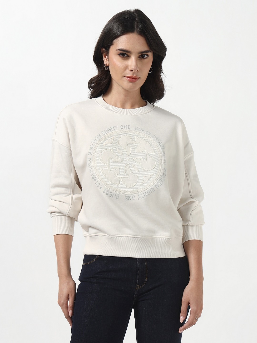Guess Women Hotfix Muted Stone Embellished Round Neck Full Sleeves Knit Sweatshirt
