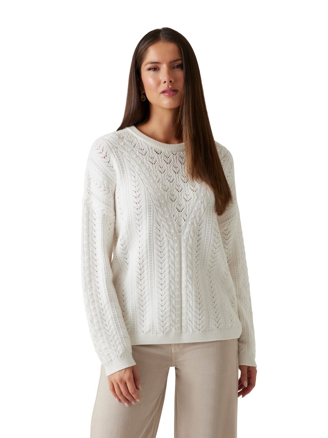 Guess Women Cable Knitted Round Neck Long Sleeves Pullover