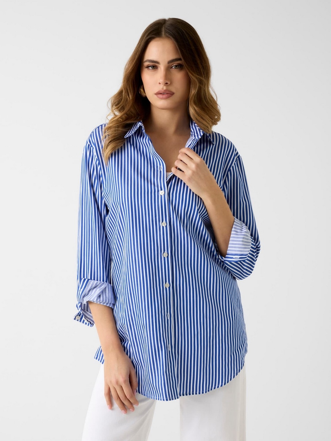 Guess Women Pure Cotton Striped Spread Collar Tecla Popeline Shirt