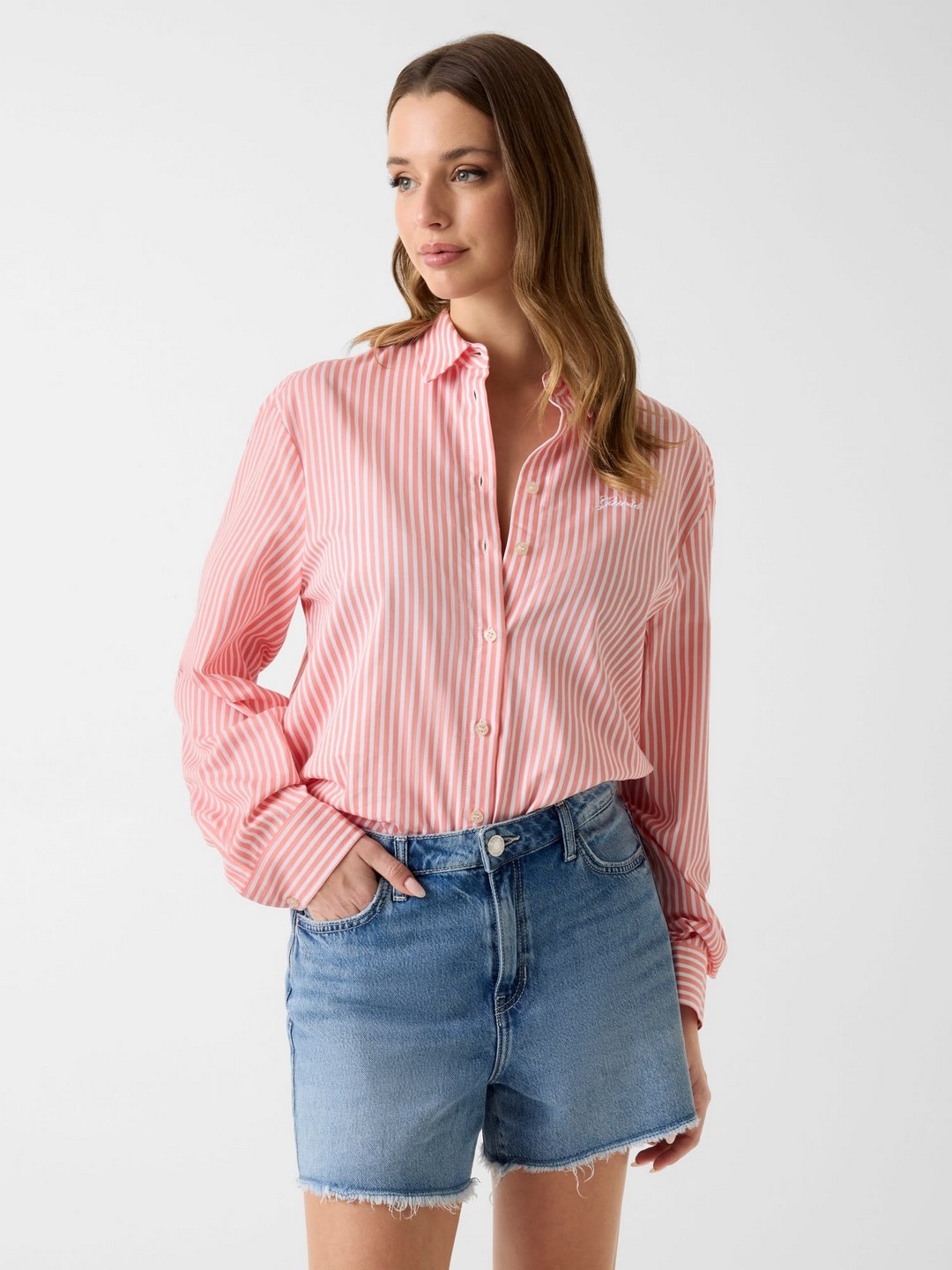 Guess Women Pure Cotton Striped Spread Collar Tecla Popeline Shirt