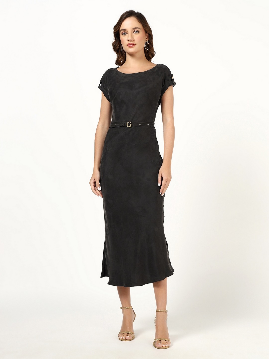 Regular Fit Solid Boat Neck Dalia Belted Sheath Dress