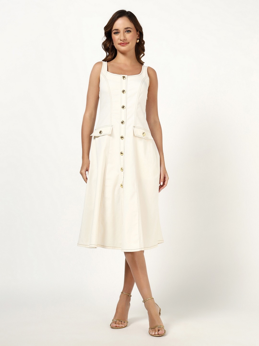 Regular Fit Solid Square Neck A-Line Dress