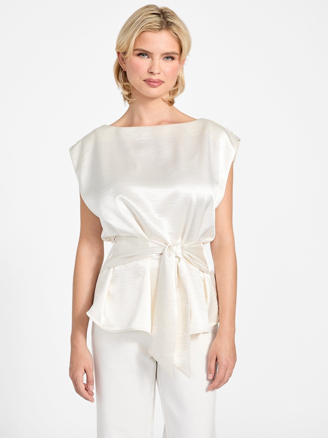 Off White Solid Boat Neck Top