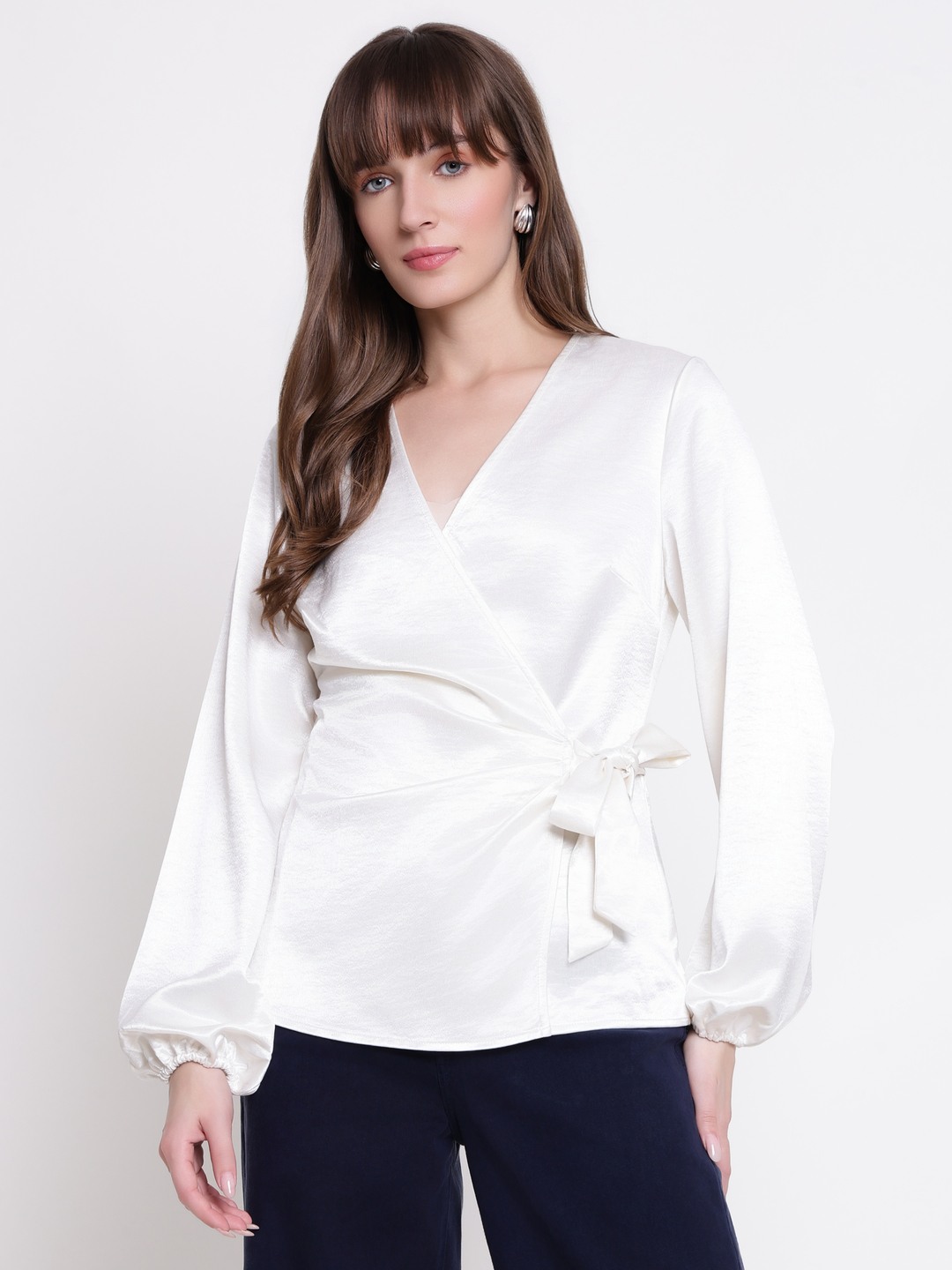 Guess Women Ava Satin Cream White Solid V-Neck Regular Fit Wrap Top