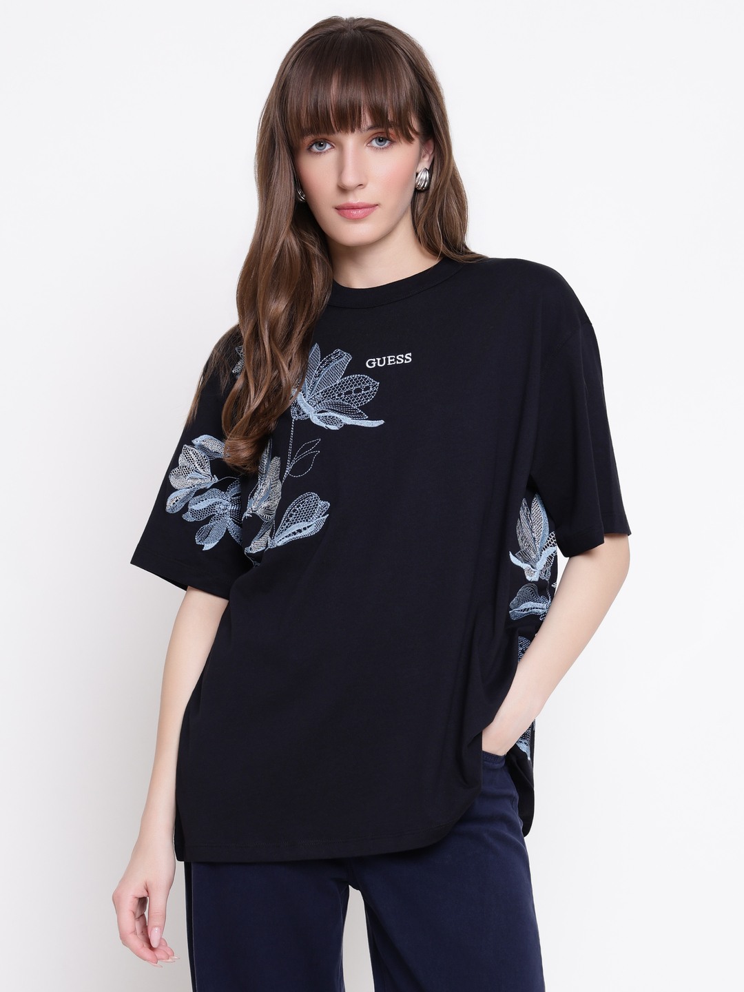 Guess Women Mid Organic Stream Jet Black Floral Round Neck Regular Fit T-Shirt