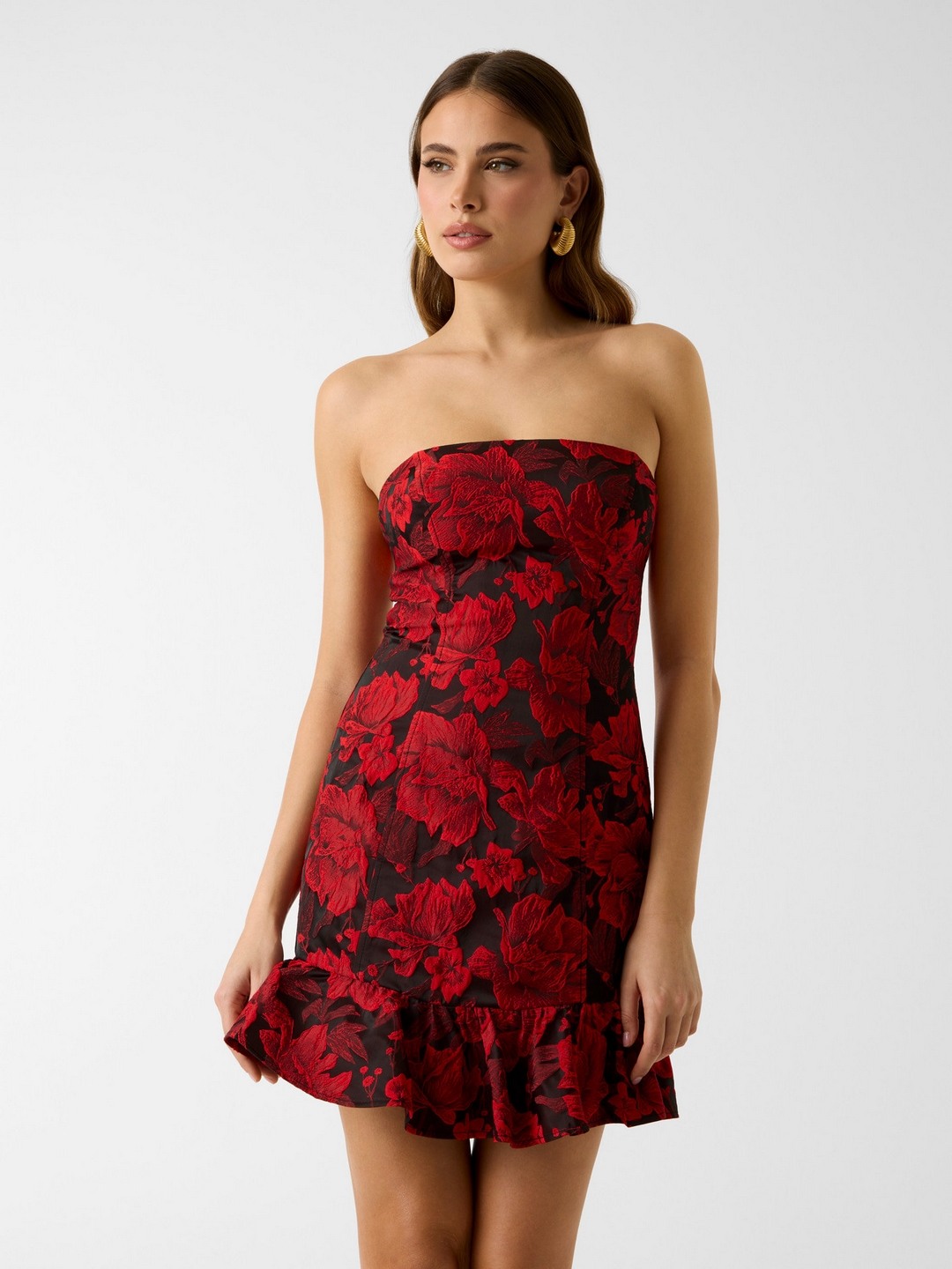 Red & Black Printed Off Shoulder Mini Dress